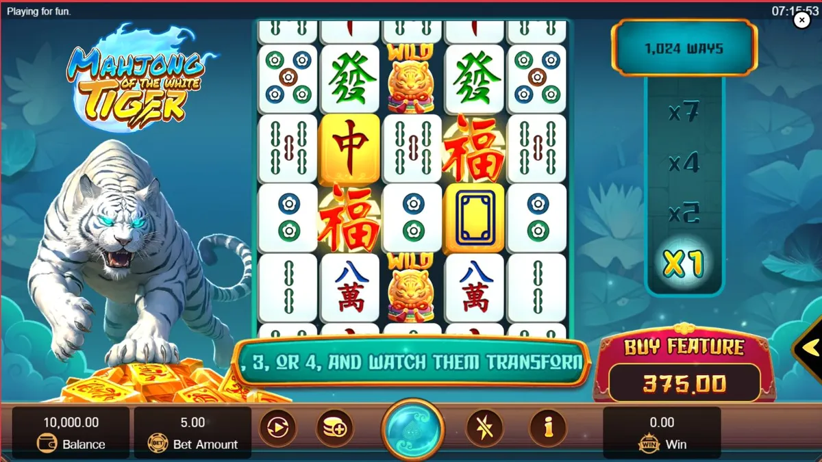 O slot Mahjong of the White Tiger com peças de Mahjong e um tigre branco majestoso.