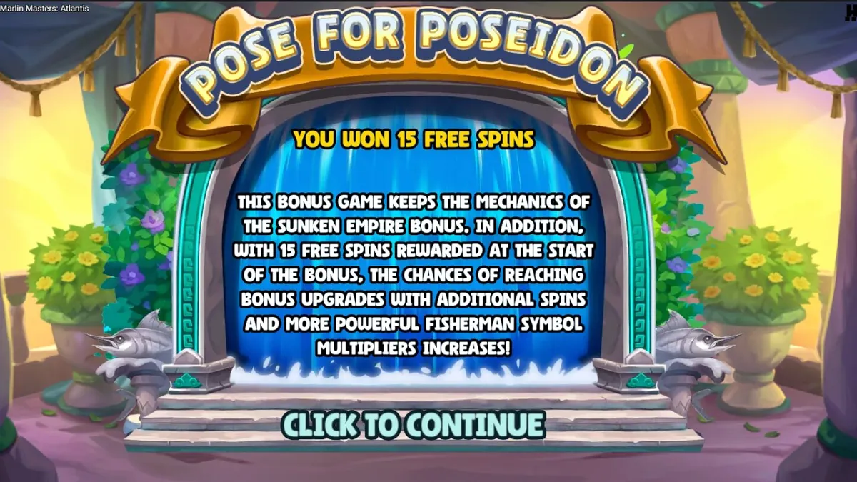 Interface do jogo Marlin Masters Atlantis com elementos de mitologia grega e temática de pesca.