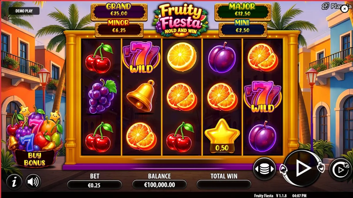 Captura de tela do jogo Fruity Fiesta Hold and Win da Playzia, mostrando rolos cheios de símbolos de frutas neon brilhantes e elementos de festa.